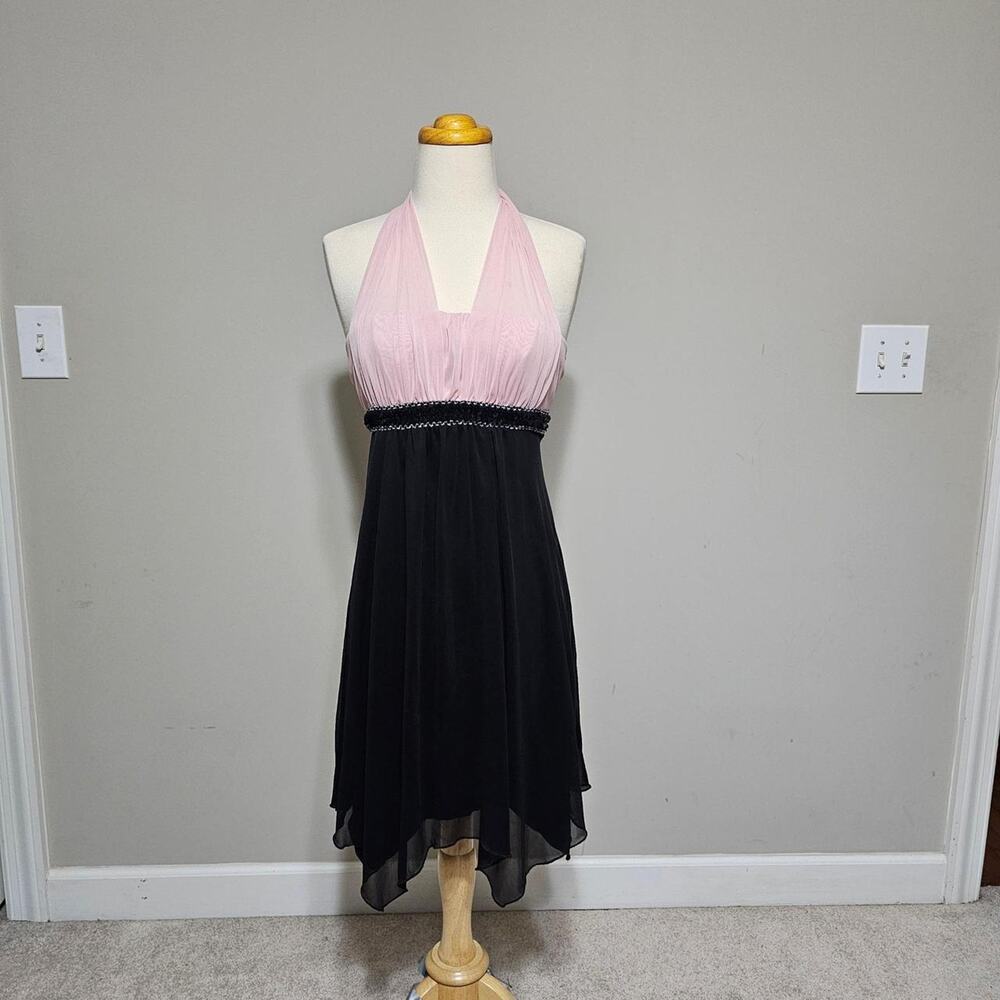 Sweet Storm Pink Black Halter Neck Handkerchief Hem Dress Small Y2K Sequin